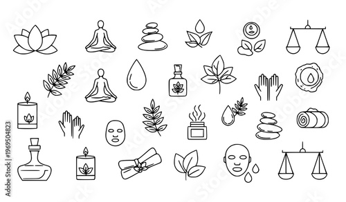 Wellness and spa line icon collection with editable stroke in creative scattered layout for self care and relaxation themes