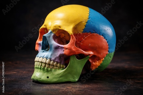 Colorful educational plaster skull model for anatomy and forensic science on a dark backdrop