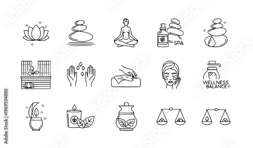 Wellness and spa line icon set with editable stroke for relaxation meditation and self care concepts