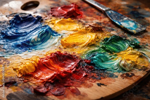 Close up photography of vibrant paint splotches on a wooden artist palette showing texture and blending techniques