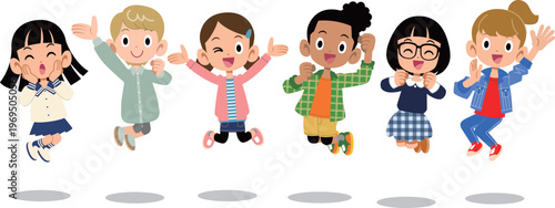 ジャンプする様々な国、様々な人種の女の子たち