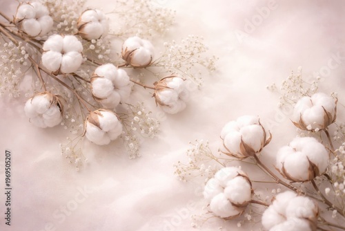 Elegant delicate white cotton blossoms displayed on a soft pastel backdrop perfect for floral design projects