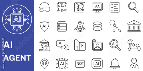 AI agent outline icon set featuring robot, chatbot, ai generator and virtual assistant icons, illustrating automation, machine learning and digital assistant technology.