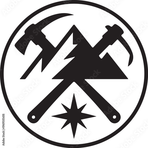 Black silhouette of crossed pickaxes and mountain logo on white background