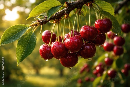 Ripe cherry fruit hanging from a summer tree branch