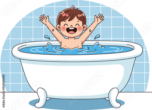 Cartoon Boy Playing and Splashing in Bathtub, Fun Bath Time Illustration for Kids