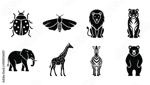 A collection of diverse animal silhouettes including insects mammals and a giraffe presented in a striking black style silhouette high quality