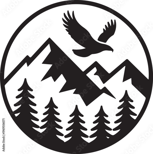 Black silhouette of eagle flying over mountains and trees on white background