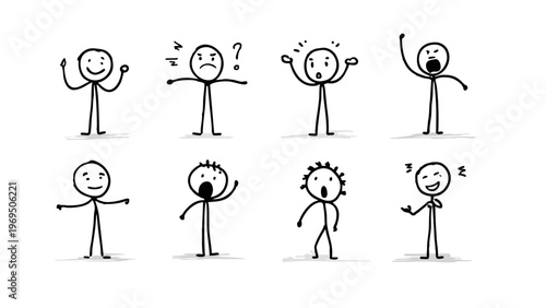 A set of stick figures expressing various emotions and reactions in a simple black and white drawing style.