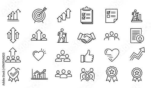 Motivation and personal development line icon collection with editable stroke in creative scattered layout
