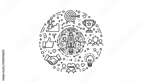 Motivation and success line icons in radial layout with editable stroke for personal development and achievement themes