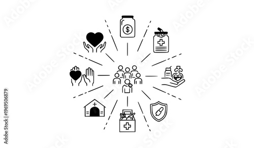 Modern charity and volunteering line icon collection in radial layout with editable stroke for app and web design