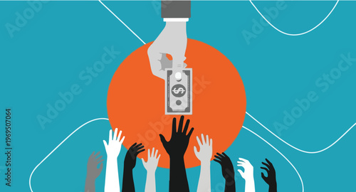 Giving Money Illustration with Helping Hand and Diverse Reaching Hands