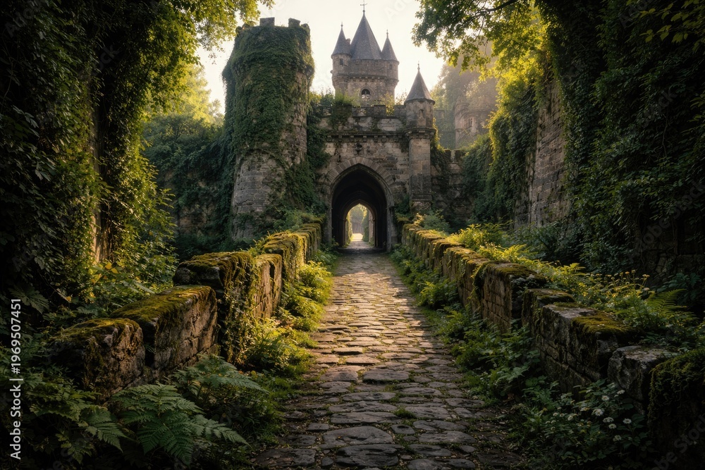 Fototapeta premium Ancient Castle Entrance Surrounded by Overgrown Greenery at Sunrise