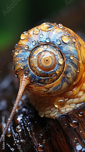 Close-up of Wet Snail Shell on Wood