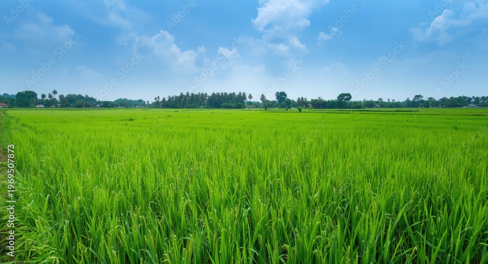 Fototapeta premium Mature rice growth within a sustainable agricultural landscape rich in biodiversity