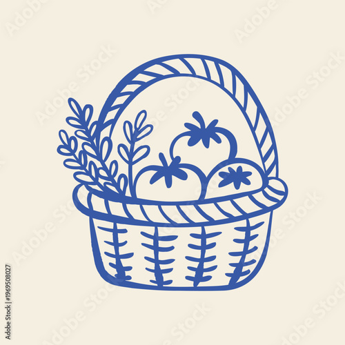 Hand drawn basket with fresh vegetables in naive doodle style. Outline organic farm produce illustration for packaging and eco design.