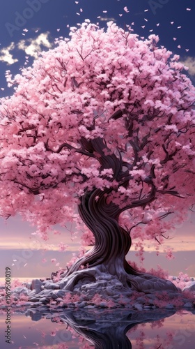Pink Cherry Blossom Tree Sunset Scene