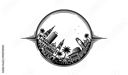 Southern city skyline badge black white vintage emblem vector with urban architecture illustration