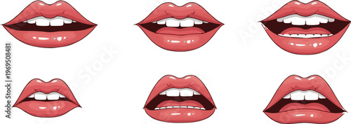 Set of 6 Pink Glossy Lips Vector Illustrations with Teeth and Open Mouths