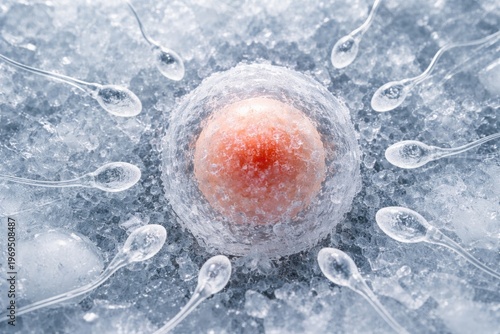 Close up of egg and sperm cells preserved on ice with scientific precision white background