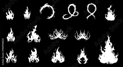 Flames vector set with white grunge textures on black background for dramatic effects and designs featuring flame, fire, fires with burning and blaze