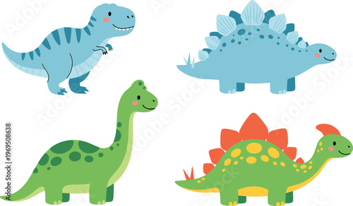 Cute Cartoon Dinosaur Collection with T-Rex, Stegosaurus, and Brontosaurus Characters