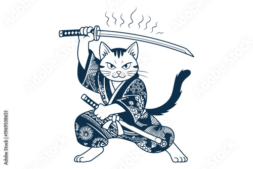 Blue cat samurai with kimono and sword in action pose