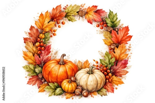 autumn watercolor wreath featuring pumpkins and colorful leaves