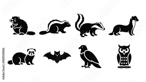 A collection of black silhouettes depicting various animals including mammals birds and a bat silhouette high quality professional detailed modern elegant
