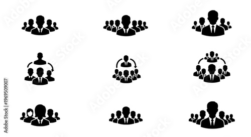 People icons set with black silhouettes and business attire connections featuring human figures, teamwork, communication with collaboration and