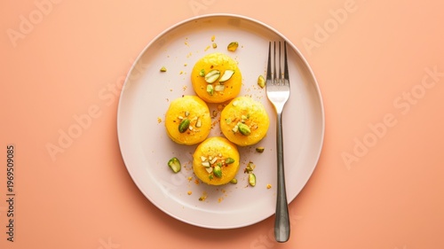 Four delicious round indian sweets topped with pistachios served on a minimalist ceramic plate with a silver fork against a soft pastel peach colored background