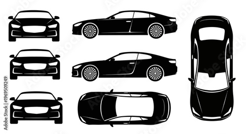 Black Sports Car Vector Set: Front, Side, Top Views - Automotive Design Icons