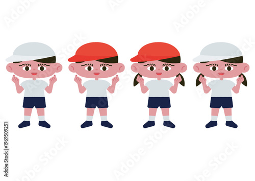 紅白帽子と体操服の子どもたちのベクターイラスト素材セット