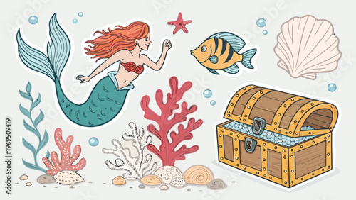 Mermaid swimming near treasure chest with fish and coral reef surrounded by ocean elements mythical sea creature