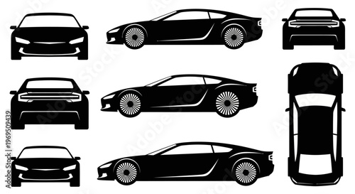 Black Sports Car Silhouettes: Front, Side, Top Views