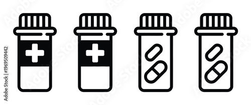 Four Iconographic Prescription Pill Bottles: Two with Crosses, Two with Pills