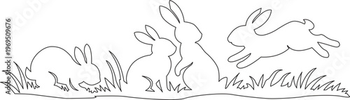 Line art illustration of rabbits amongst tall blades of grass