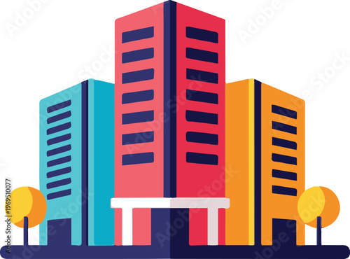 A vibrant cityscape illustration of buildings and trees in a modern urban setting