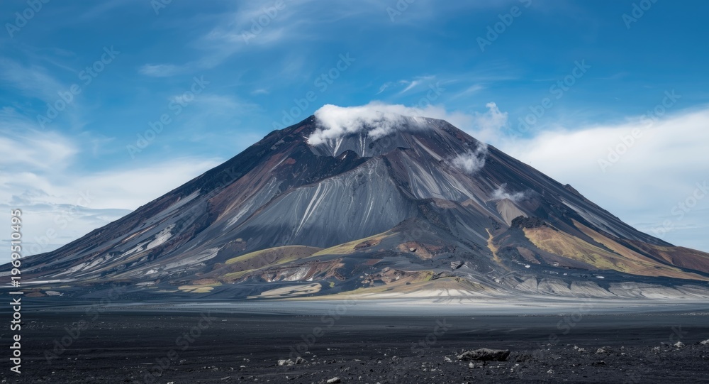 Fototapeta premium Volcano with volcanic ash layers visible on mountain sides