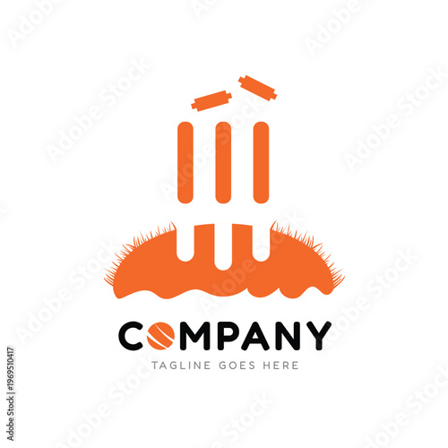 Cricket logo with ball, stumps, wicket and grass illustration