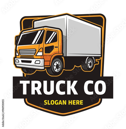 Vector of an orange delivery truck with a gray cargo box and a black outline design for a trucking company logo