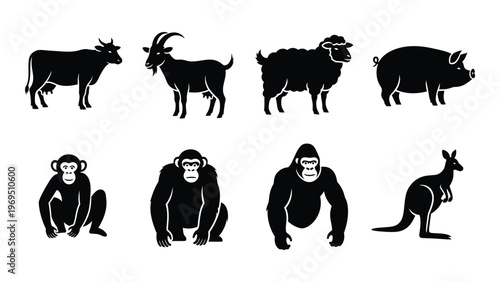 A collection of farm and wild animal silhouettes including a cow goat sheep pig monkey gorilla and kangaroo silhouette high quality