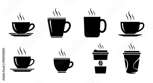 Cups coffee icon set with steam rising, various styles including mugs and disposable to-go cups, black silhouette graphics