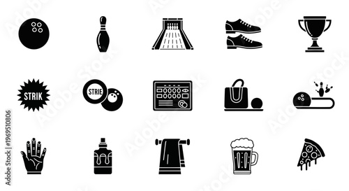 A collection of fifteen black silhouette icons related to bowling