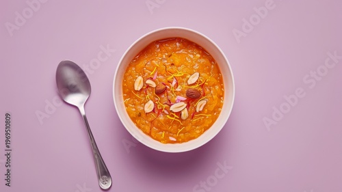Healthy homemade carrot halwa dessert served in a white bowl with almond garnish and a silver spoon on a soft pastel lavender background for festive food photography