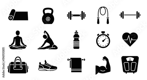 A grid of black and white icons representing fitness and gym equipment