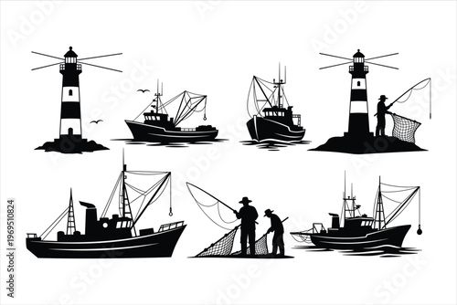 Fisherman silhouette set with lighthouse, fishing boats, trawlers, and workers using nets for nautical, maritime, ocean, sea industry, and coastal vector design projects