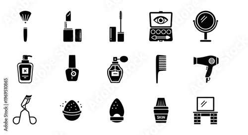 A grid of black and white icons representing various beauty and personal care products and tools