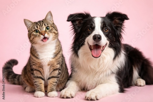 Playful tabby cat and border collie dog posing on pastel pink background